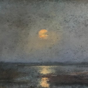 May include: A painting of a moon rising over a body of water. The moon is a bright orange color and is partially obscured by clouds. The water is a dark blue color and is reflecting the light of the moon.