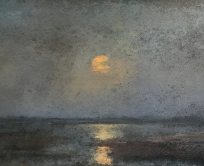May include: A painting of a moon rising over a body of water. The moon is a bright orange color and is partially obscured by clouds. The water is a dark blue color and is reflecting the light of the moon.