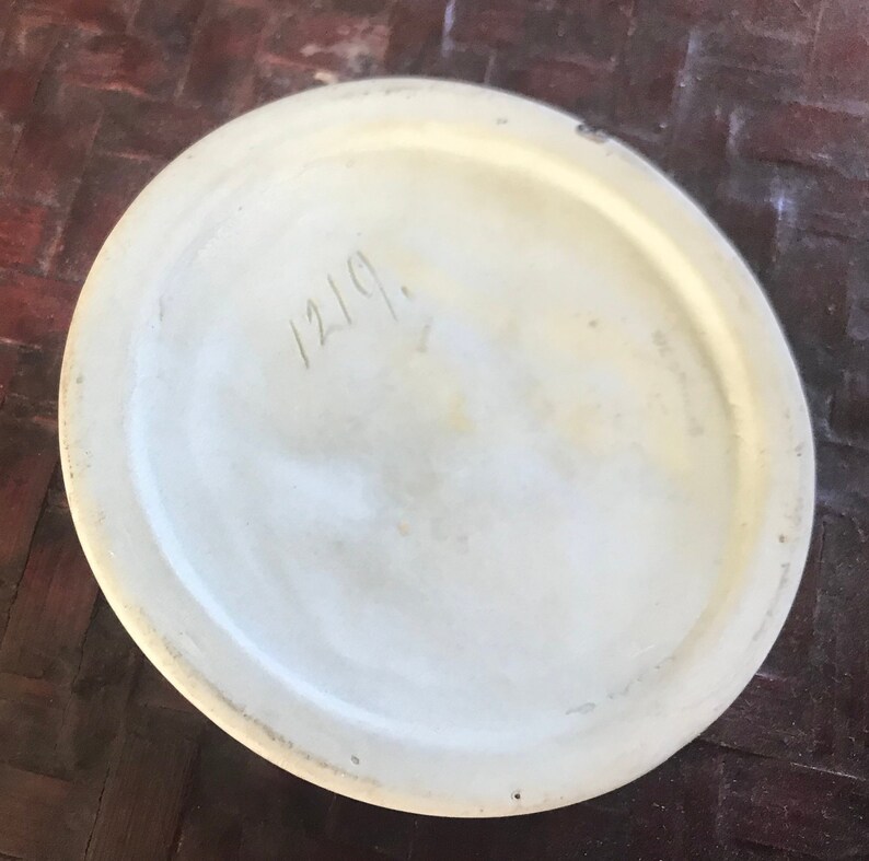 probably Wedgwood Small round green china plate with antique decor of a woman with angel