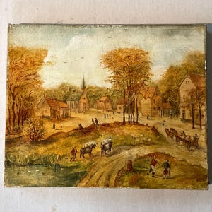 Olieverfschilderij op doek, oud ogend dorpsgezicht met monogram B.D.