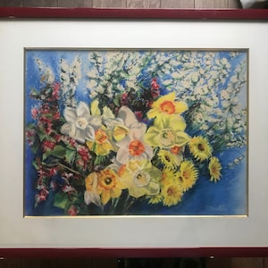 Pastel on paper, bouquet of flowers by E.Mertens