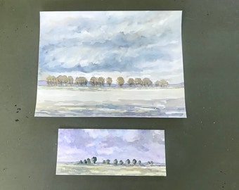 Watercolours, landscapes with trees.