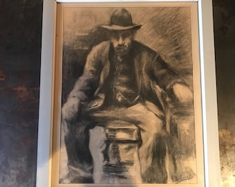 Charcoal on paper, Henri Seghers, legs spread sitting man