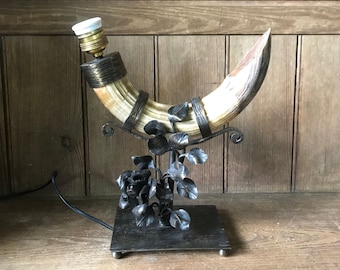 Wrought iron table lamp with horn