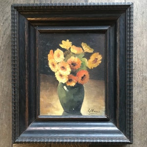 Óleo sobre cartón, ramo de flores naranjas, Louise Claus