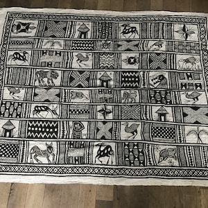 Hand Woven canvas, Korhogo fabric, Senoufo, symbolic animals, African art image 1