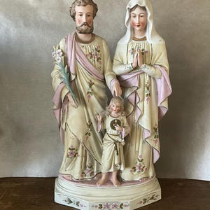 Hand-painted white bisque porcelain statue, Holy Family, 1930s