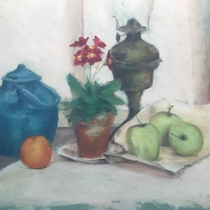 Dipinto ad olio su carta, natura morta, fiori e frutti