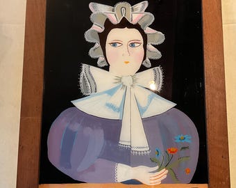 Eglomisé painting, painting on glass, the beautiful woman from Anjou