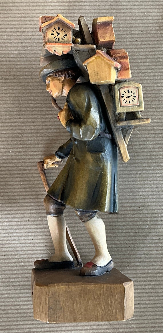 Clock Seller Statuette, Hand-carved Wood, Black Forest, Anri Clock Seller Statuette, Hand-carved Wood, Black Forest, Anri