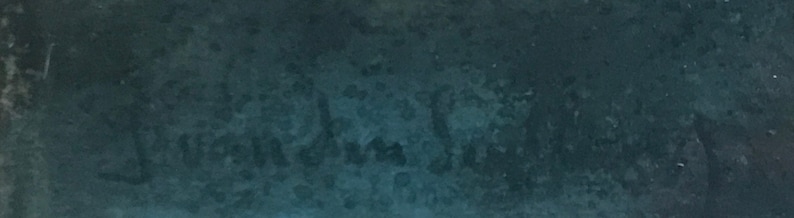 May include: A dark teal blue textured background with a faint, blurry inscription.