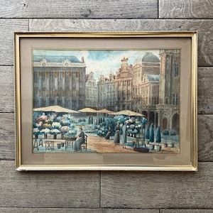 Acquerello su carta, la Grand Place di Bruxelles e il mercato dei fiori scomparso.