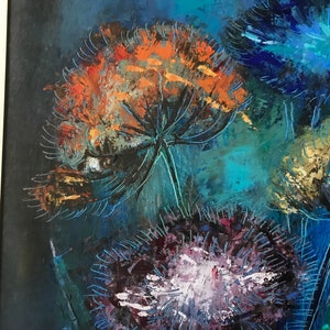 May include: Abstract painting of colorful flowers with blue, orange, yellow, and purple hues. The flowers are painted in a stylized manner with long, thin petals.