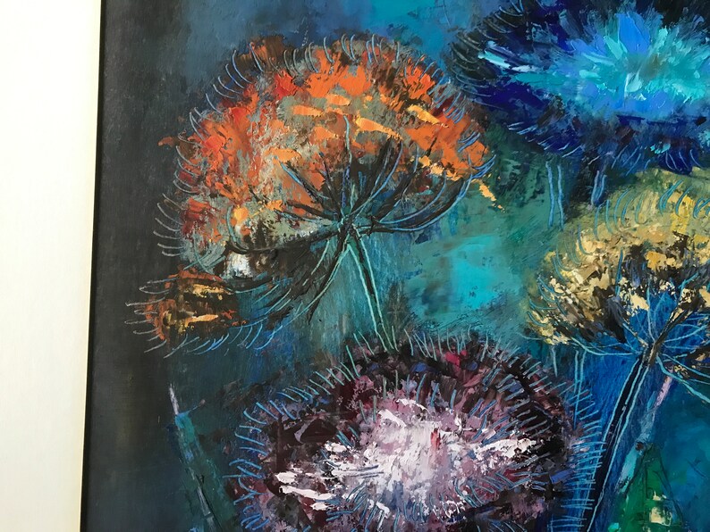 May include: Abstract painting of colorful flowers with blue, orange, yellow, and purple hues. The flowers are painted in a stylized manner with long, thin petals.