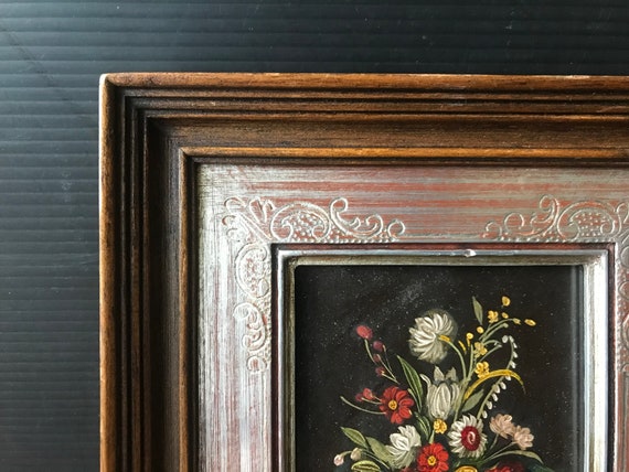 木に油絵、小さいフォーマット、花瓶に花の花束、額入り絵画 - Etsy 日本