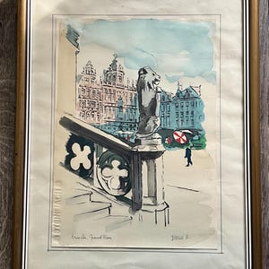 Acquerello su carta, Grand Place a Bruxelles nel 1958, opera di Darville