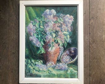 Oil painting on panel, bunch of lilac in a vase, Antoine Destordeur, art school of Liège