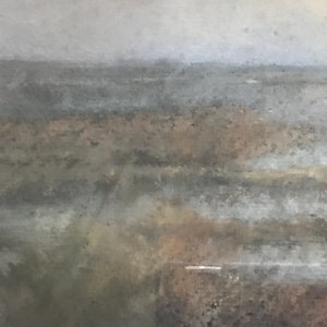May include: A watercolor painting of a seascape with a hazy, muted color palette. The painting depicts a distant shoreline with a soft, ethereal quality.