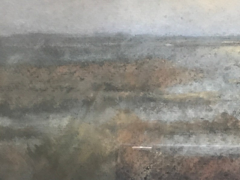 May include: A watercolor painting of a seascape with a hazy, muted color palette. The painting depicts a distant shoreline with a soft, ethereal quality.