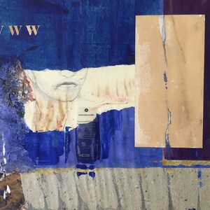 May include: Abstract collage artwork featuring a face partially obscured by a blue and purple background. The artwork includes the letters "WWW" in gold lettering and a torn piece of paper with a white background.