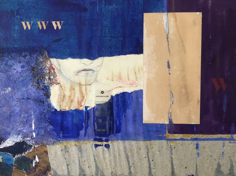 May include: Abstract collage artwork featuring a face partially obscured by a blue and purple background. The artwork includes the letters "WWW" in gold lettering and a torn piece of paper with a white background.