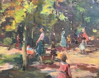 Oil painting on panel, playground in the undergrowth, mothers and children.