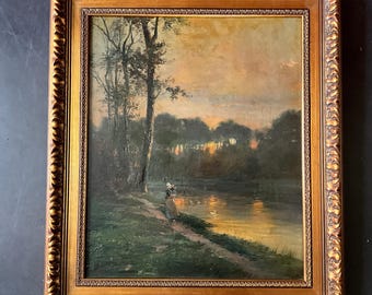 Oil painting on canvas, lake and woods at sunset