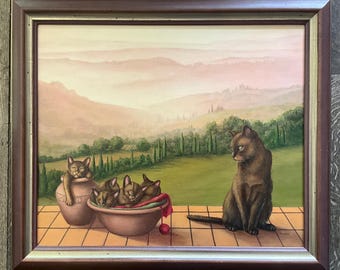 Italian landscape in shades of pink with a cat and kittens