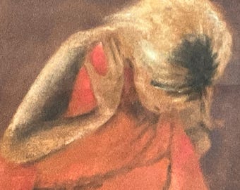Young girl, half-naked, pastel entitled "Red dress...flies" by Alphonse Crépin