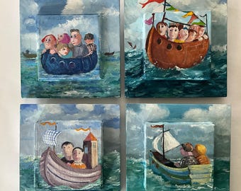 Small boats, miniature paintings by Aafke Godthelp, Dutch painter