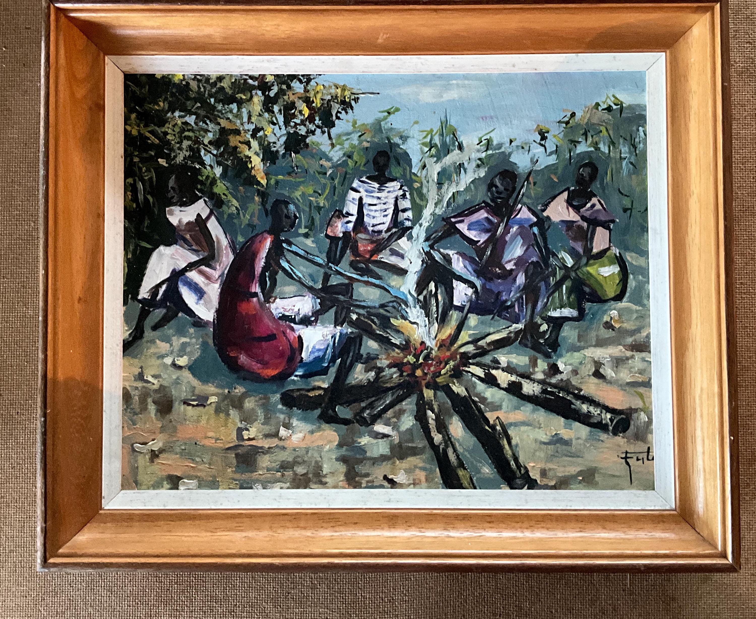 African Art. Oil Painting on Panel, Figures Around the Fire by