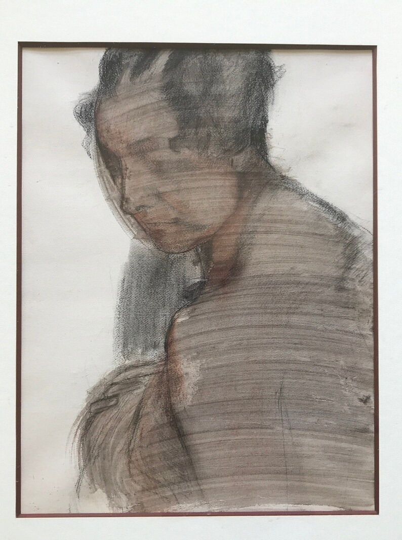 Carboncillo y acuarela sobre papel, rostro de mujer de semiperfil, Georges Van Zevenberghen imagen 2