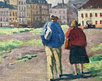 Oil painting on panel. Strollers in the Place du Triangle in Molenbeek, Louis Belen