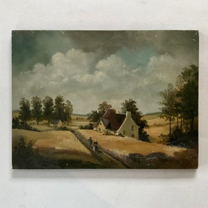 Oil painting on wooden panel, countryside landscape