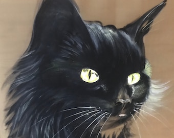 Målning på siden, huvud av en svart katt med gula ögon