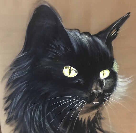 Peinture Sur Soie Tete De Chat Noir Aux Yeux Jaunes Etsy France