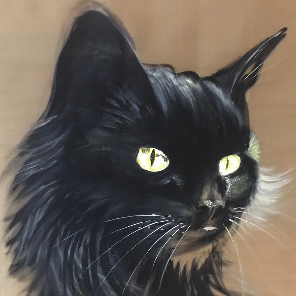 Peinture sur soie, tête de chat noir aux yeux jaunes