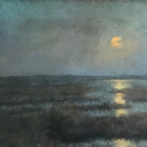 May include: A painting of a moonlit landscape with a large, bright moon in the sky reflecting on the water. The water is calm and still, and the land is covered in a soft, green grass. The sky is a deep blue, and the moon is a bright yellow.