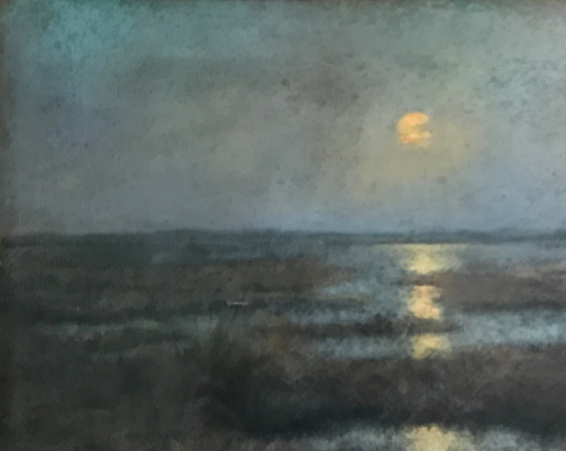 May include: A painting of a moonlit landscape with a large, bright moon in the sky reflecting on the water. The water is calm and still, and the land is covered in a soft, green grass. The sky is a deep blue, and the moon is a bright yellow.