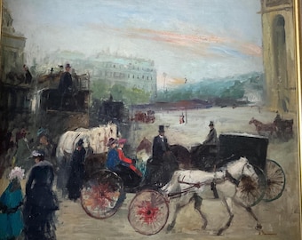 Olieverfschilderij van Anatole Belokonny, een oude scène met koetsen en voorbijgangers in de stad.