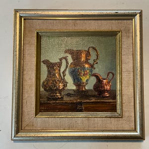 Peinture à l’huile sur carton entoilé, pots à lait en céramique par Jean Roig
