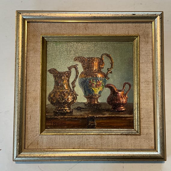Peinture à l’huile sur carton entoilé, pots à lait en céramique par Jean Roig