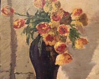 Pintura al óleo sobre tabla, ramo de flores en un jarrón.