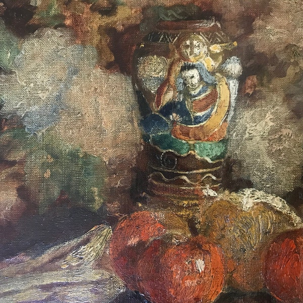 Nature morte, peinture huile sur toile, vase satsuma