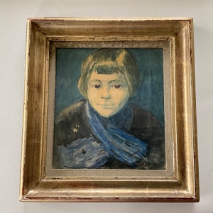 Watercolor on paper, little girl with blue scarf