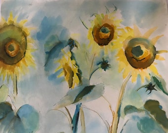 Watercolour painting on paper, sunflowers, not signed