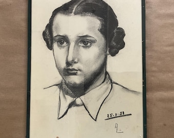 Charcoal drawing, portrait of a young girl with braided hair.