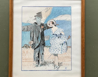 May include: A framed drawing of a scarecrow in a field with a woman in a white dress with blue polka dots. The scarecrow is wearing a black coat and a straw hat. The woman is holding a parasol and looking at the scarecrow.