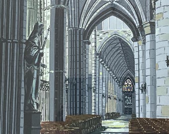 Gouache sur papier, intérieur de la cathédrale St Michel et Gudule à Bruxelles