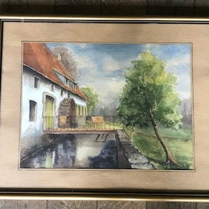 Watercolor 1960s, 1970s, old mill in landscape